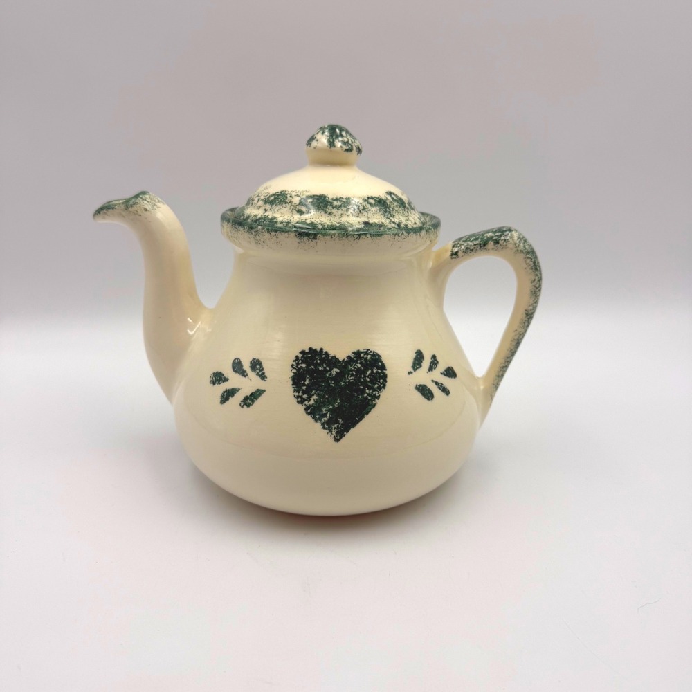 Vintage Green Heart Spongeware Ceramic Teapot & Lid Cottagecore Grandmacore